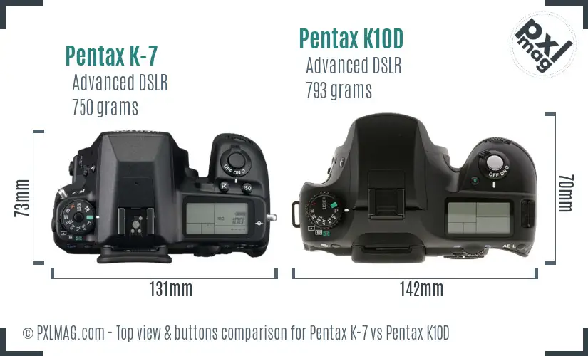 Pentax K-7 vs Pentax K10D top view buttons comparison