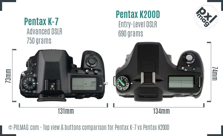 Pentax K-7 vs Pentax K200D top view buttons comparison