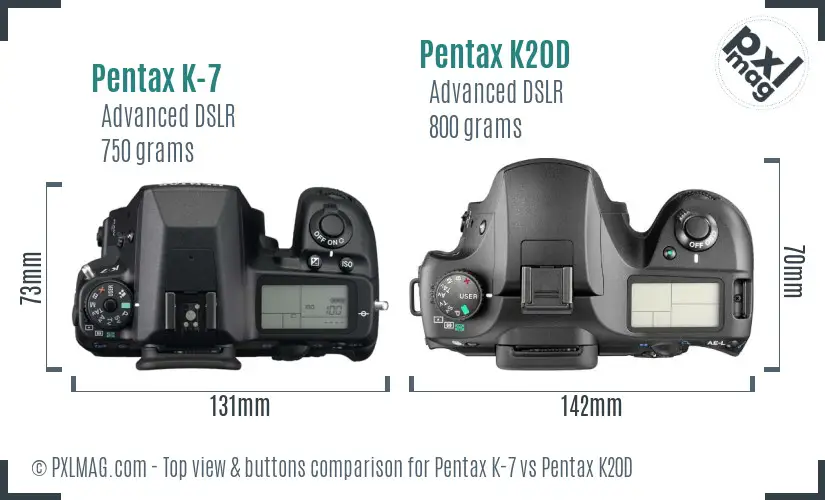 Pentax K-7 vs Pentax K20D top view buttons comparison