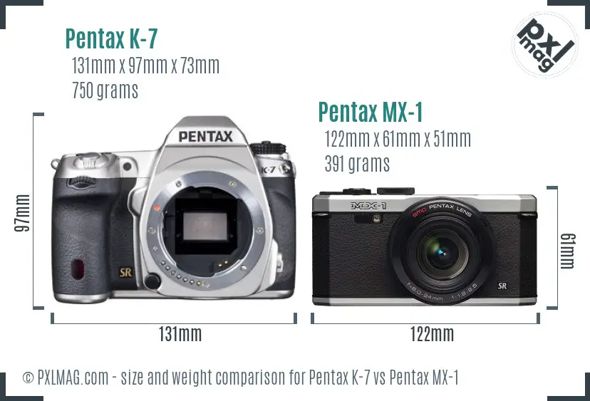 Pentax K-7 vs Pentax MX-1 size comparison
