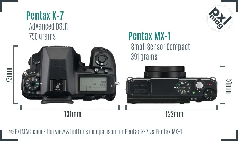 Pentax K-7 vs Pentax MX-1 top view buttons comparison
