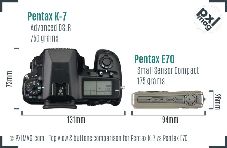 Pentax K-7 vs Pentax E70 top view buttons comparison