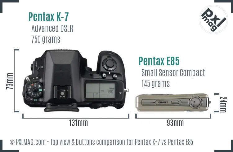 Pentax K-7 vs Pentax E85 top view buttons comparison