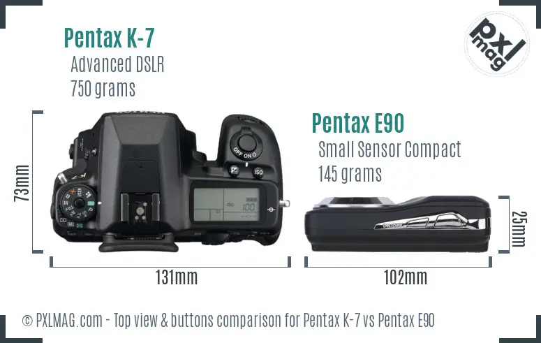 Pentax K-7 vs Pentax E90 top view buttons comparison