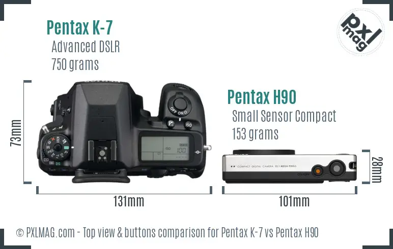 Pentax K-7 vs Pentax H90 top view buttons comparison