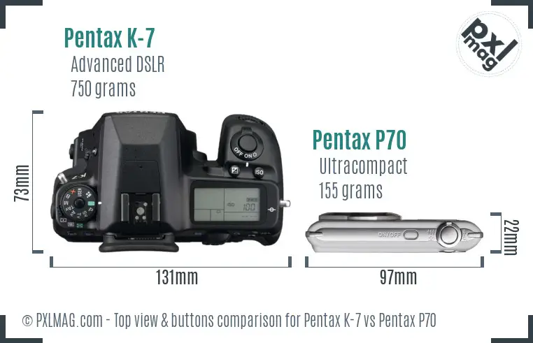 Pentax K-7 vs Pentax P70 top view buttons comparison