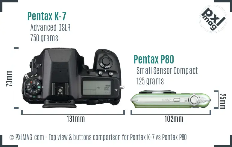 Pentax K-7 vs Pentax P80 top view buttons comparison