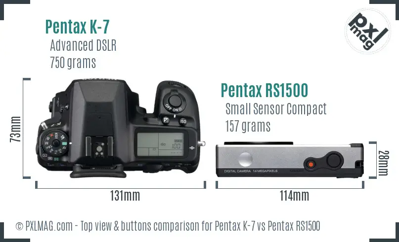Pentax K-7 vs Pentax RS1500 top view buttons comparison