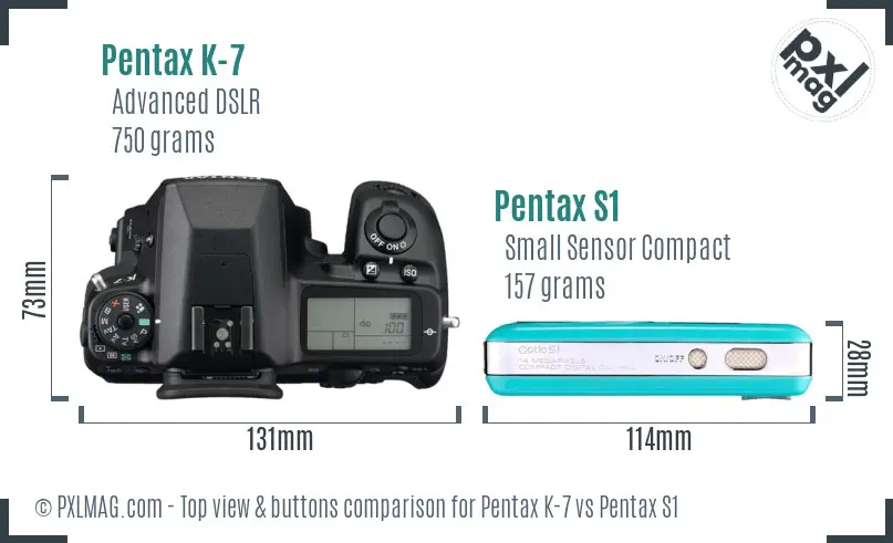 Pentax K-7 vs Pentax S1 top view buttons comparison