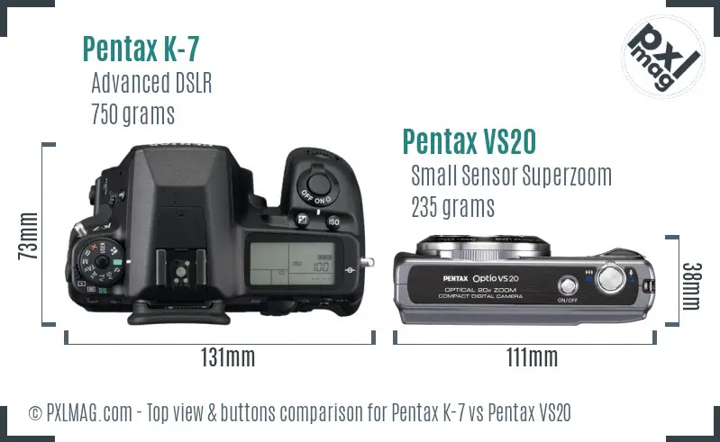 Pentax K-7 vs Pentax VS20 top view buttons comparison