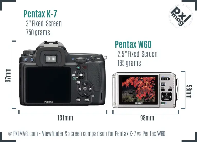 Pentax K-7 vs Pentax W60 Screen and Viewfinder comparison