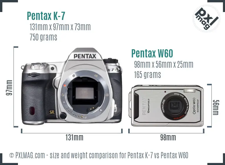Pentax K-7 vs Pentax W60 size comparison
