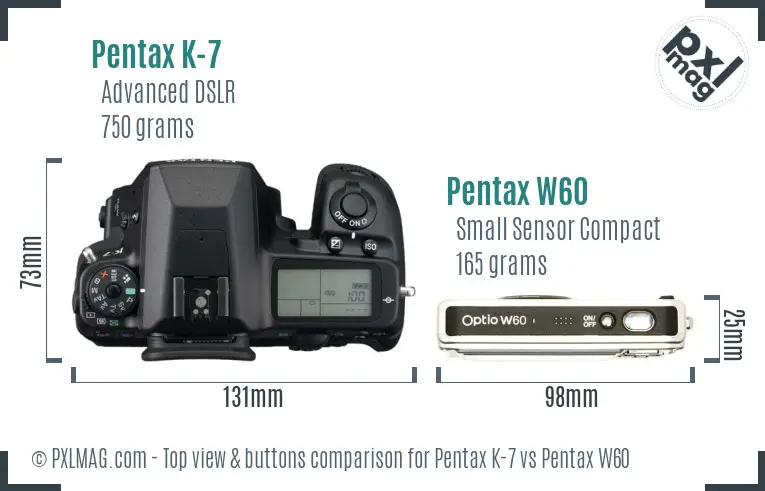 Pentax K-7 vs Pentax W60 top view buttons comparison