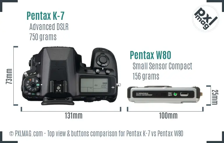 Pentax K-7 vs Pentax W80 top view buttons comparison