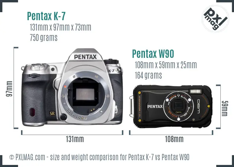 Pentax K-7 vs Pentax W90 size comparison