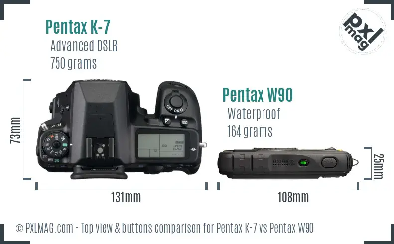 Pentax K-7 vs Pentax W90 top view buttons comparison