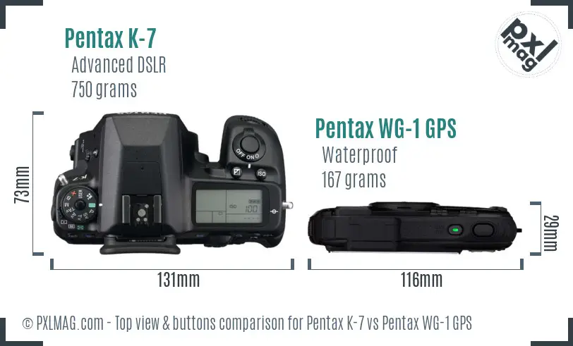 Pentax K-7 vs Pentax WG-1 GPS top view buttons comparison