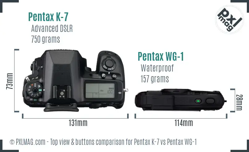 Pentax K-7 vs Pentax WG-1 top view buttons comparison