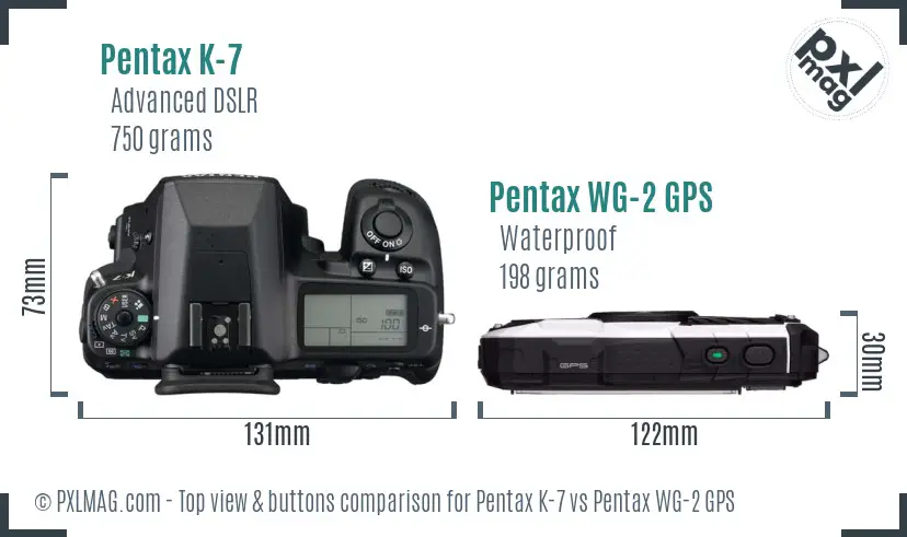Pentax K-7 vs Pentax WG-2 GPS top view buttons comparison