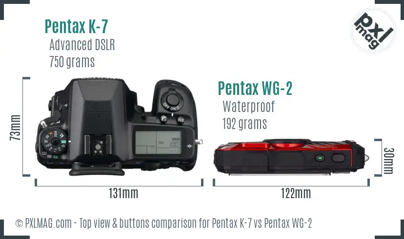 Pentax K-7 vs Pentax WG-2 top view buttons comparison