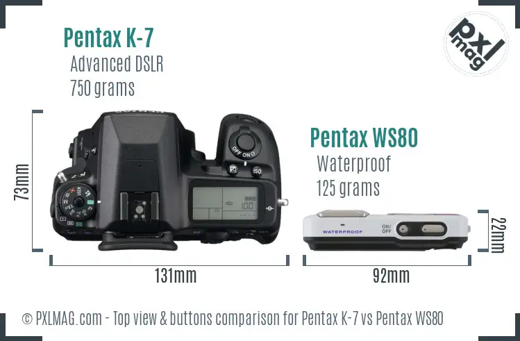 Pentax K-7 vs Pentax WS80 top view buttons comparison