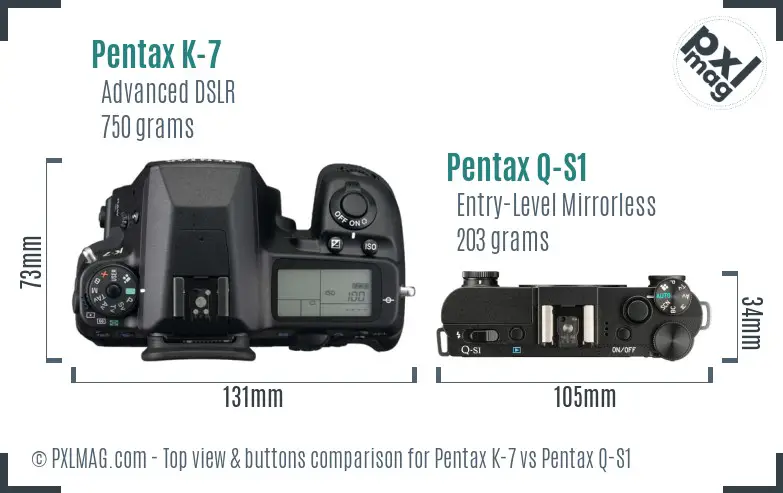 Pentax K-7 vs Pentax Q-S1 top view buttons comparison