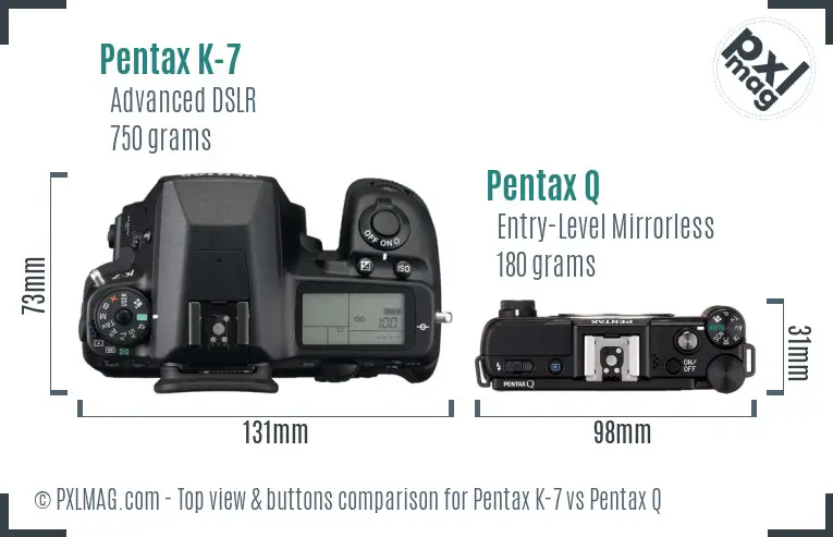 Pentax K-7 vs Pentax Q top view buttons comparison