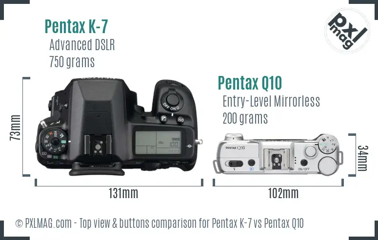 Pentax K-7 vs Pentax Q10 top view buttons comparison