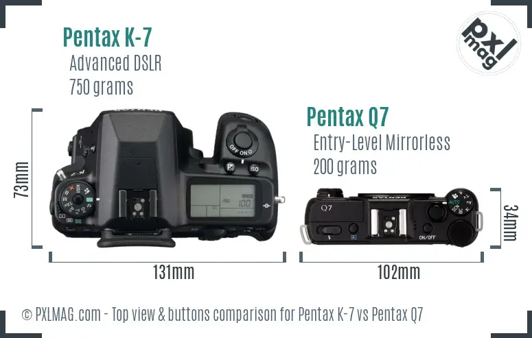 Pentax K-7 vs Pentax Q7 top view buttons comparison Pentax K-7 vs Pentax Q7 top view buttons comparison