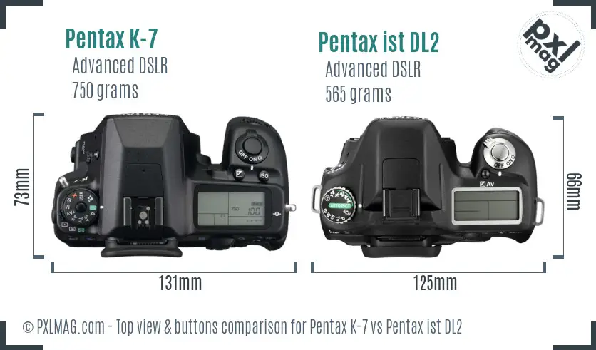 Pentax K-7 vs Pentax ist DL2 top view buttons comparison