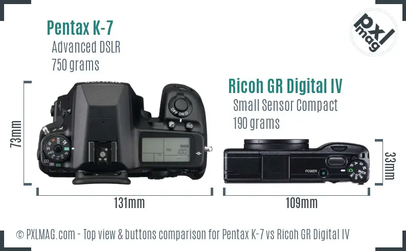Pentax K-7 vs Ricoh GR Digital IV top view buttons comparison