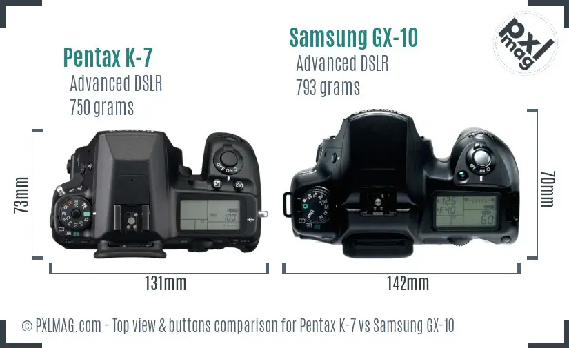 Pentax K-7 vs Samsung GX-10 top view buttons comparison