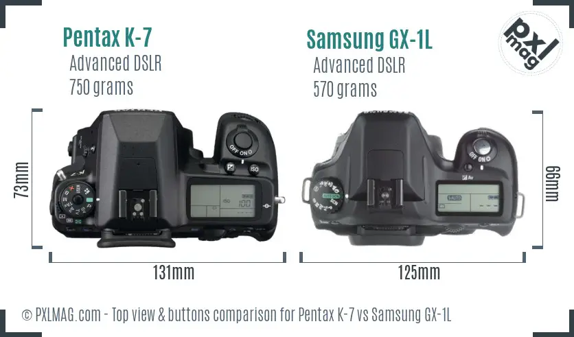 Pentax K-7 vs Samsung GX-1L top view buttons comparison Pentax K-7 vs Samsung GX-1L top view buttons comparison