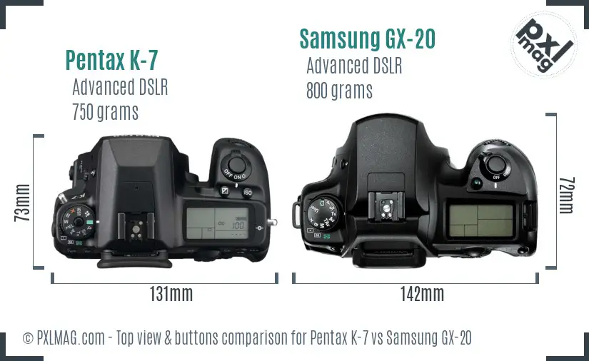 Pentax K-7 vs Samsung GX-20 top view buttons comparison