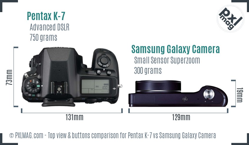 Pentax K-7 vs Samsung Galaxy Camera top view buttons comparison