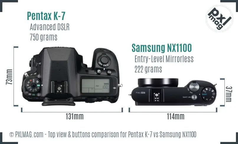 Pentax K-7 vs Samsung NX1100 top view buttons comparison