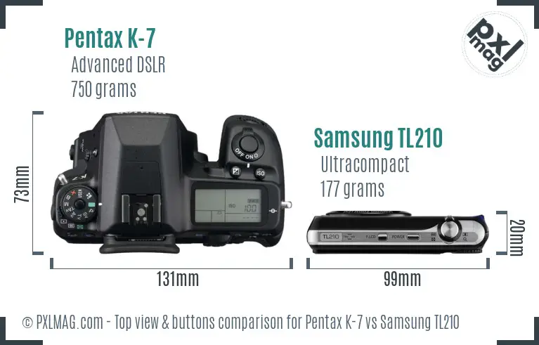 Pentax K-7 vs Samsung TL210 top view buttons comparison