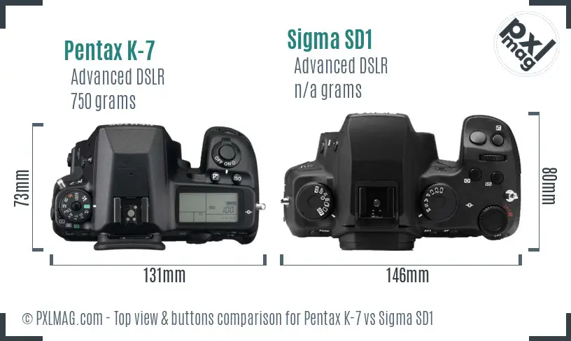 Pentax K-7 vs Sigma SD1 top view buttons comparison Pentax K-7 vs Sigma SD1 top view buttons comparison