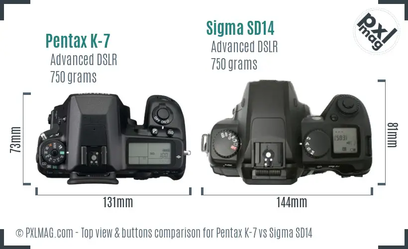 Pentax K-7 vs Sigma SD14 top view buttons comparison