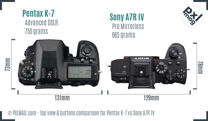 Pentax K-7 vs Sony A7R IV top view buttons comparison