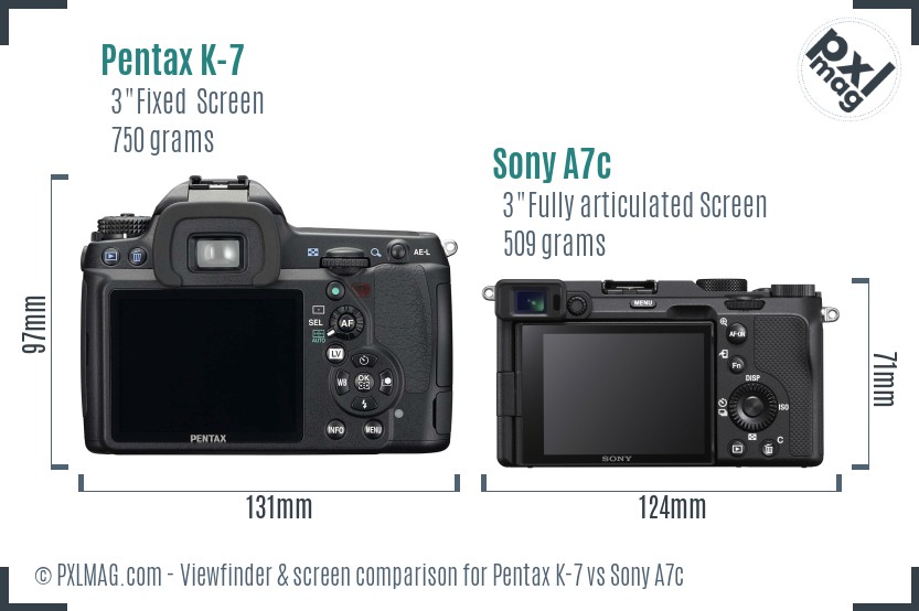 Pentax K-7 vs Sony A7c Screen and Viewfinder comparison