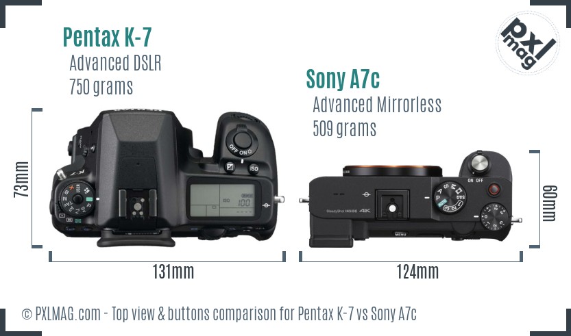 Pentax K-7 vs Sony A7c top view buttons comparison