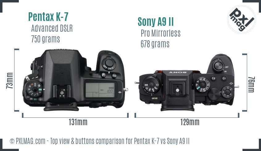 Pentax K-7 vs Sony A9 II top view buttons comparison