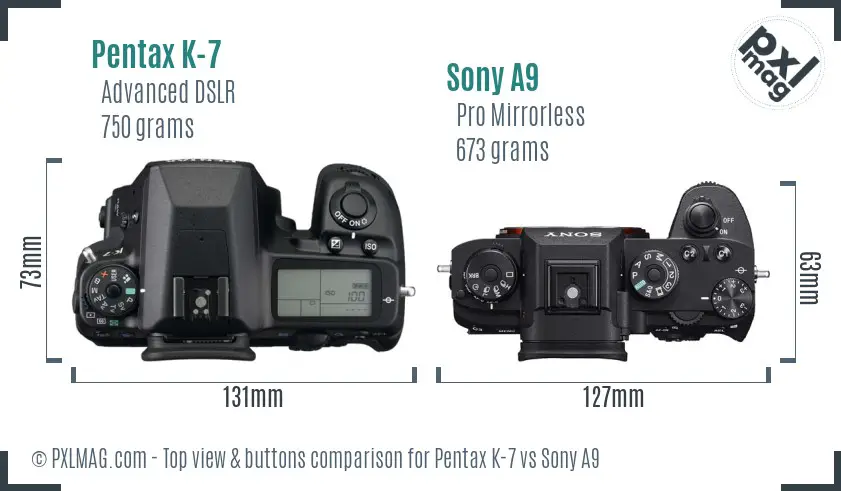 Pentax K-7 vs Sony A9 top view buttons comparison