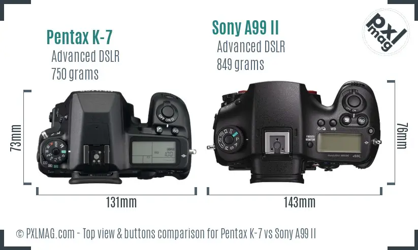 Pentax K-7 vs Sony A99 II top view buttons comparison