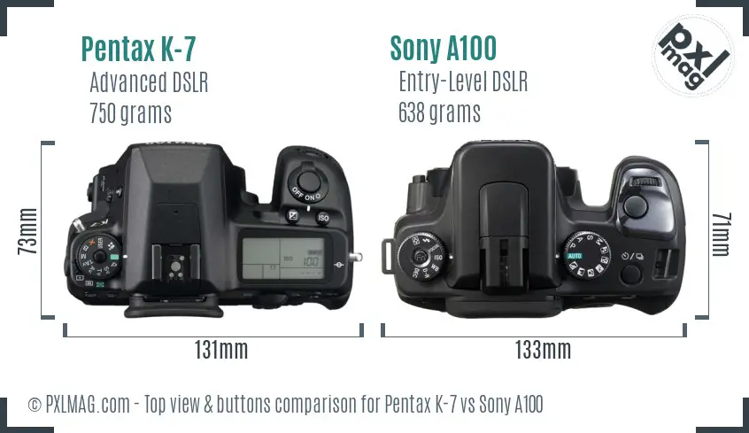 Pentax K-7 vs Sony A100 top view buttons comparison