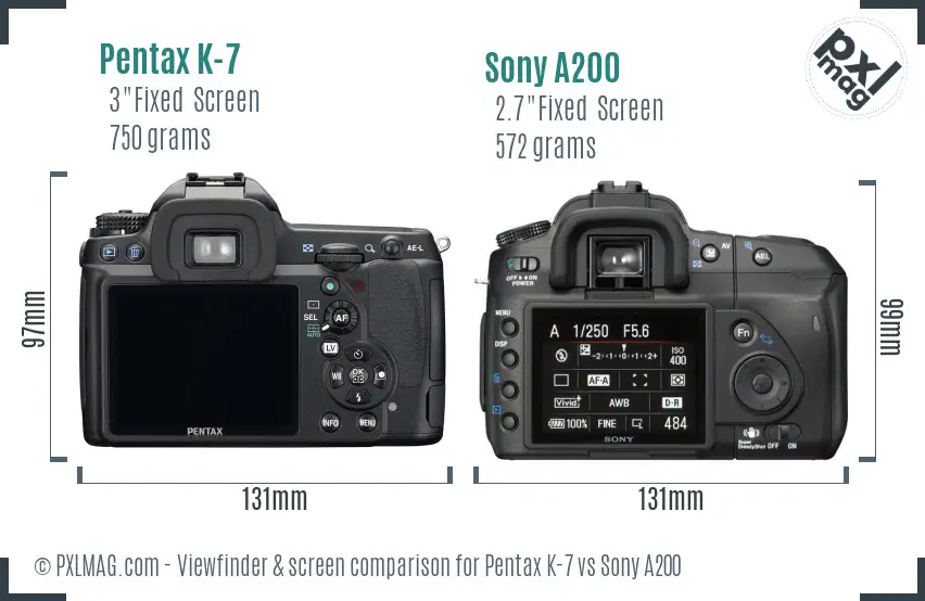 Pentax K-7 vs Sony A200 Screen and Viewfinder comparison