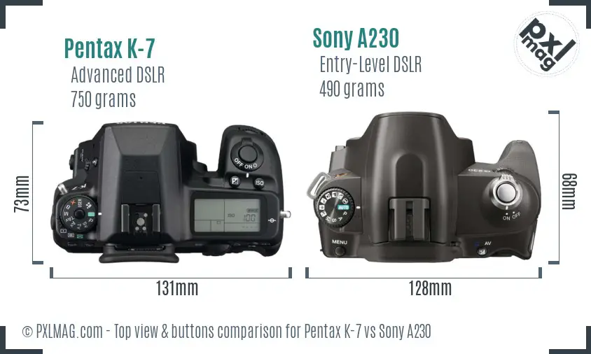 Pentax K-7 vs Sony A230 top view buttons comparison