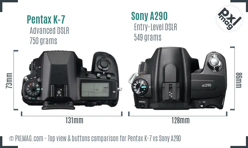 Pentax K-7 vs Sony A290 top view buttons comparison