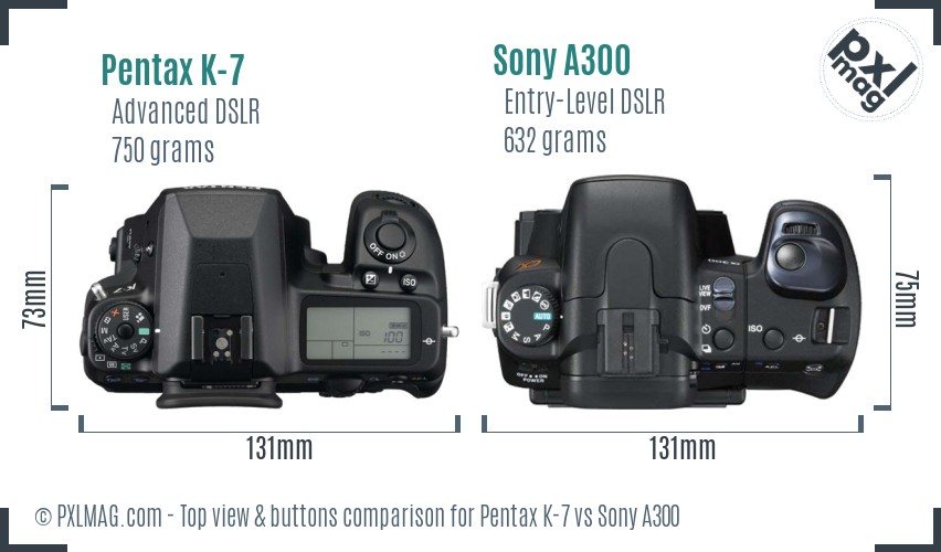 Pentax K-7 vs Sony A300 top view buttons comparison